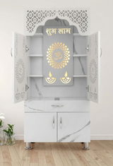 Designer Wooden Mandir with LED Light – White, Brown & Black Temple for Home with Storage Unit (130 cm Height)